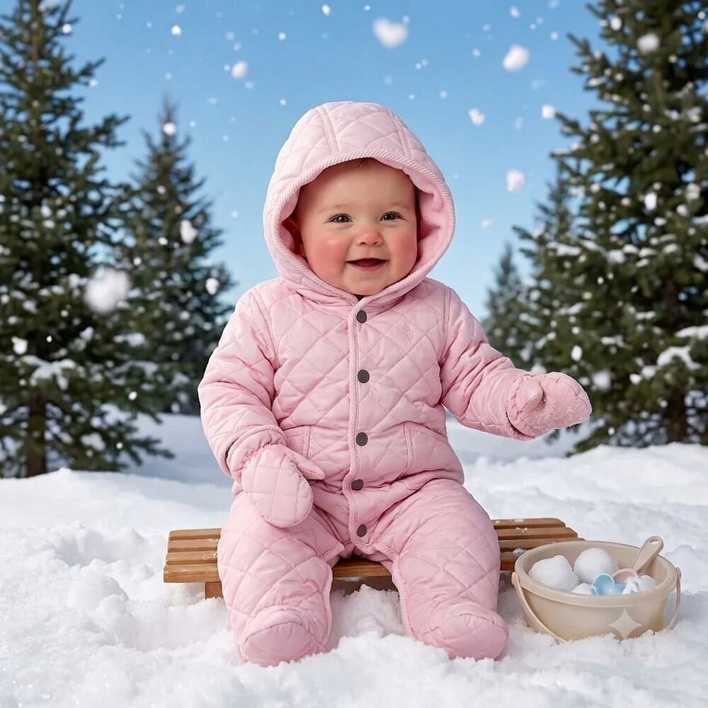 Polo Ralph Lauren Pink Fleece Hooded Barn Bunting Snowsuit Baby Girl 6M NWT